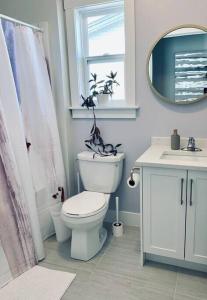 a bathroom with a toilet and a sink and a mirror at Luxury Home with Gym, Sauna, Patio, and AC in Halifax