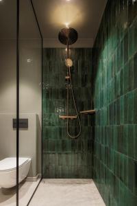 uma casa de banho com azulejos verdes, um chuveiro e um WC. em Spīdalas nams em Cēsis