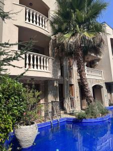 a palm tree in front of a building with a swimming pool at Studio CASCADAS FAMILY RESORT in Sunny Beach