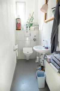 a bathroom with a white toilet and a sink at Zimmer in Künstlerwohnung in Stuttgart