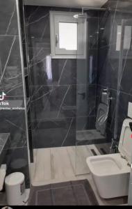 a bathroom with a shower and a toilet and a sink at Anxhelos Hotel in Himare