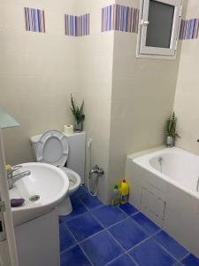 uma casa de banho com um WC, um lavatório e uma banheira em Studio cité elwahat em La Marsa