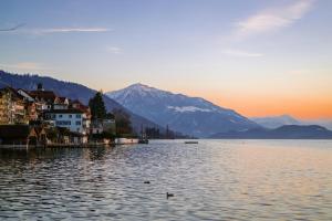 uma cidade sobre a água com montanhas ao fundo em ARISER - Mountain View Business Apartment em Zug