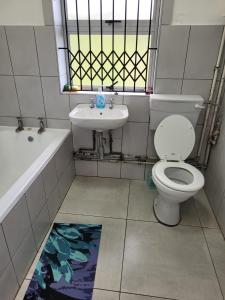 uma casa de banho com um WC e um lavatório em TRASHAVEN - Seaside Haven Backpackers em Durban