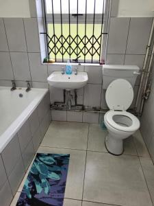 a bathroom with a toilet and a sink at TRASHAVEN - Seaside Haven Backpackers in Durban