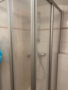 y baño con ducha y puerta de cristal. en Ferienwohnungen Vierthaler, en Filzmoos