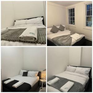 three pictures of two beds in a room at 4 Bedroom Entire Flat, Kings Cross Road in London