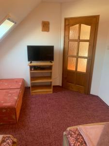 a living room with a television and a door at Napfény apartman in Orosháza