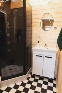 uma casa de banho com um lavatório e um chuveiro com um espelho. em Domek letniskowy Letniczówka em Warchały