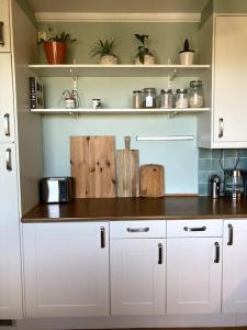 a kitchen with white cabinets and a counter top at The best view in Oslo in Oslo