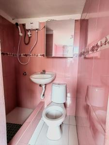 Baño de color rosa con aseo y lavamanos en Apartamento en El Tambo - Huancayo, en Huancayo