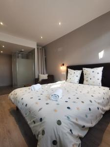 ein Schlafzimmer mit einem großen Bett mit einer weißen Bettdecke in der Unterkunft Le petit Brooklyn in Straßburg
