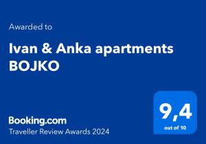 Certifikát, hodnocení, plakát nebo jiný dokument vystavený v ubytování Ivan & Anka apartments BOJKO