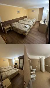 2 photos d'une chambre d'hôtel avec 4 lits dans l'établissement Hotel la Rosa, à Tolmezzo