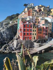 un gruppo di case colorate su una collina vicino all'acqua di Casa Vacanze Andrea la tua base per visitare il mare delle Cinque Terre a La Spezia