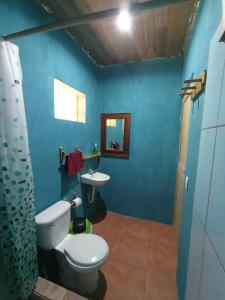a blue bathroom with a toilet and a sink at Reserva Natural Cañón Seacacar in Izabal