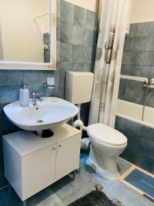 a bathroom with a white sink and a toilet at Sunny Hill Apartment in Čukarica