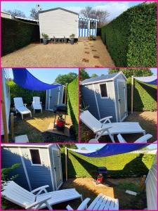 un collage de cuatro fotos de un cobertizo azul en Mobilhome climatisé-2ch-terrasse fermée-camping Les Charmettes, en Les Mathes