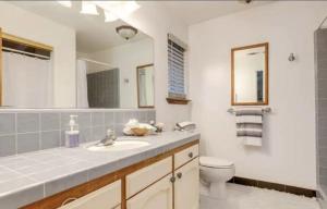 a bathroom with a sink and a toilet and a mirror at Casa Venado in Coarsegold
