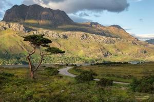 a winding road in front of a mountain at Mo-Dhachaidh B&B in Poolewe