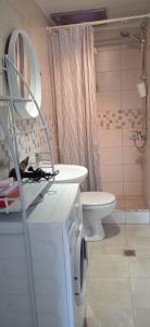 a bathroom with a toilet and a sink and a mirror at Elizabeth's apartment2 in Ofrínion