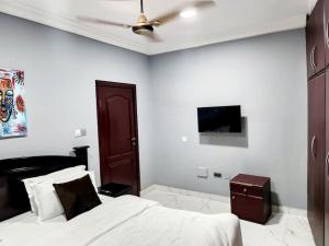 een slaapkamer met een bed en een plafondventilator bij Commander Place Accra-Urban Budget Living 1,2-Beds in Oyarifa, Wifi, 5star service, 35mins to airport, by DLA in Oyarifa