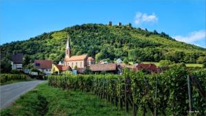 een dorp voor een heuvel met een kerk bij Charmant apt Cosy 5min de Colmar in Sainte-Croix-en-Plaine