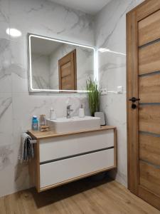 a bathroom with a sink and a mirror at Nový Útulný Apartmán Katka Rajecké Teplice in Rajecké Teplice