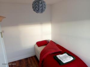 a room with a couch with red pillows at Home away from home in Dublin