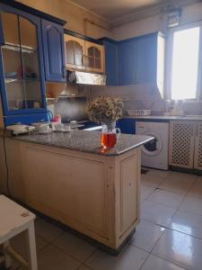 a kitchen with blue cabinets and a vase of flowers on a counter at house in Maadi Degla in Cairo