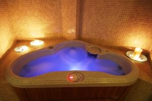 a blue tub in a bathroom with a candle at Aegeon Hotel in Karlovasi