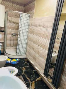 La salle de bains est pourvue d'une douche, de toilettes et d'un lavabo. dans l'établissement Lovely 1 bedroom flat in a 2 ground floor house, à Craiova