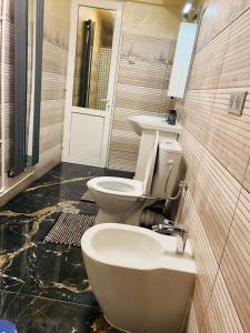 a bathroom with a toilet and a sink at Lovely 1 bedroom flat in a 2 ground floor house in Craiova