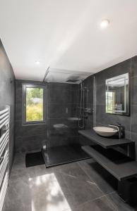 a bathroom with a sink and a mirror at Chalet du Faubourg & Jacuzzi, proximité Gerardmer & La Bresse in Rochesson