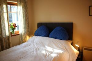 a bedroom with a bed with blue pillows and a window at Taigh Munro in Aviemore +4 photos