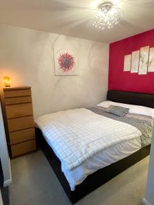 a bedroom with a bed and a red wall at Beautiful Peaceful Studio Flat in Waltham Abbey