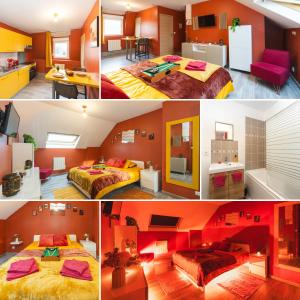 un collage de cuatro fotos de una habitación con 2 camas en LE RED LINE I NETFLIX I BILLARD I WIFI I PARKING I CENTRE-VILLE - Cosy & Confort, en Valenciennes