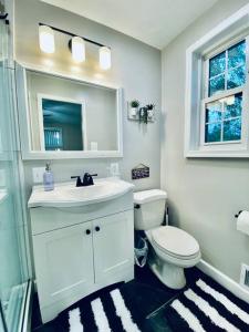 a bathroom with a sink and a toilet and a mirror at North Bethesda Gem in Rockville