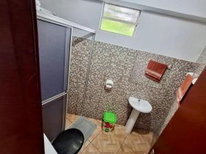 a small bathroom with a shower and a sink at Pousada JP in Vila Nova do Sul