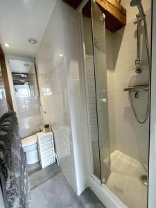 uma casa de banho com um chuveiro e um WC. em Lovely Flat Luxembourg Garden em Paris