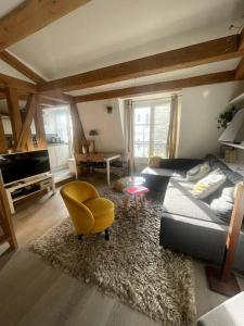 Lovely Flat Luxembourg Garden في باريس: غرفة معيشة مع أريكة وكرسي
