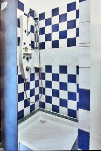 bagno con parete a scacchi blu e bianca di Grand T2 entier-5p-2 balcons - Appartement central a Saint-Fons