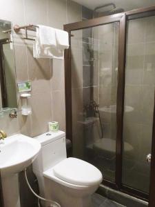 a bathroom with a toilet and a shower and a sink at YCL HOTEL BORACAY in Boracay