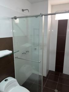 y baño con ducha de cristal y aseo. en Hotel El Jardín Cafetero Armenia, en Armenia