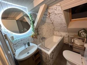 une salle de bain avec un lavabo et un miroir et des toilettes dans l'établissement Ferienwohnungen Univers 4&4a, à Bad Harzburg 67 autres photos