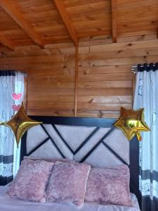 1 dormitorio con 1 cama con pared de madera en Playa Blanca Baruch Glamping Tota, en Tota