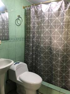 a bathroom with a toilet and a shower curtain at Casa de campo Country house in Yunguilla, Cuenca, Ecuador in Cuenca