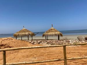 Trois parasols en paille sur une plage de sable avec l'océan dans l'établissement Beach houses Lost paradise, à Mouamla