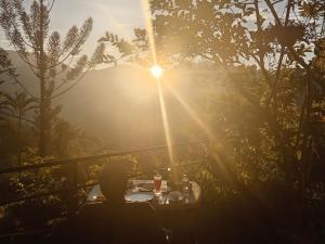 a person sitting at a table in front of the sunset at Princess of Dickoya Homestay in Hatton