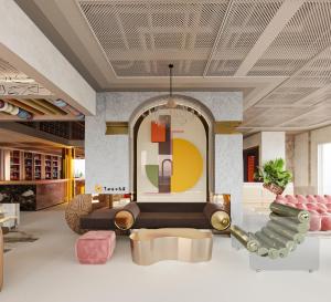 a rendering of a lobby with a couch and a table at Thien Thai Hotel & Spa in Hanoi